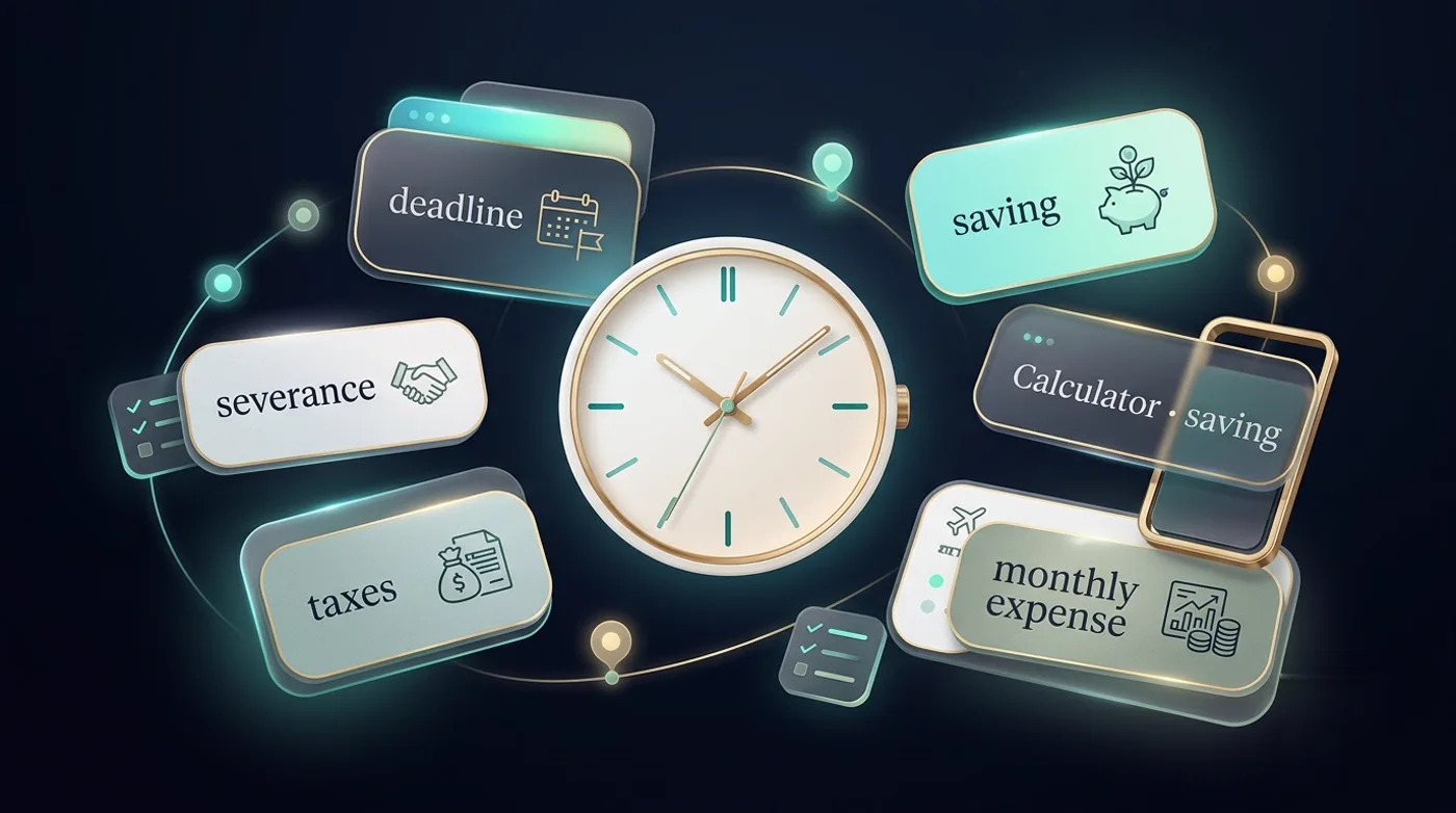 Severance, taxes, a deadline and monthly expenses laid out around a clock.